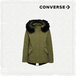 Converse/匡威运动外套，秋冬连帽棉服，军绿色，毛领可