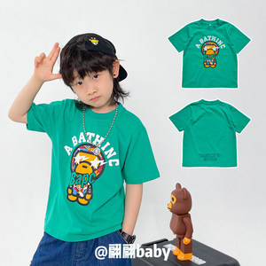 22夏季新款日系潮牌男儿中童装绿色卡通猴子星星休闲纯棉短袖T恤