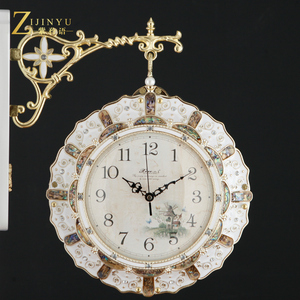 钟表挂钟客厅创意欧式时尚大气金属双面静音实木欧式艺术装饰挂钟