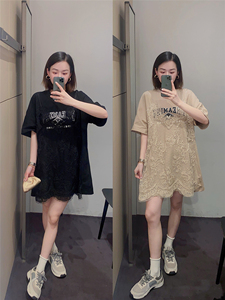 yjiid自制23夏新品时髦设计感蕾丝拼接假两件印花短袖T恤连衣裙女