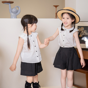 Babyc/女童法式白色波点重工衬衫儿童夏季天丝苎麻轻薄黑色裙裤薄