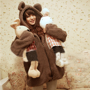 女装新款秋装加厚韩版学生可爱小熊带兔耳朵毛毛绒绒外套萌卫衣