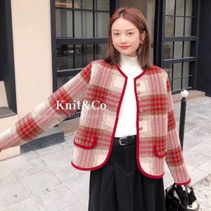 韩版 knit co 正品秋冬格仔羊绒针织开衫毛衣外套女 金纽扣 3291