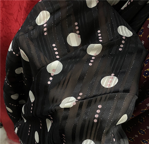 韩国进口黑底白色粉色圆点织金剪花烂花绡时装布料设计师礼服面料