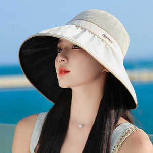 透气网纱防晒帽子女夏季新款丝绒黑胶渔夫帽可折叠防紫外线遮阳帽