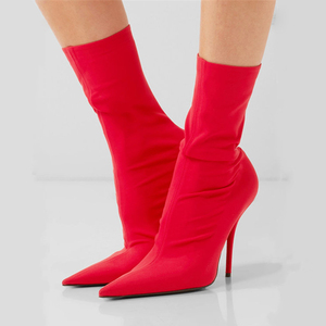 红色中筒靴女细跟2022春秋尖头高跟套筒弹力靴时尚瘦脚大码女靴子