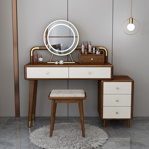 现代轻奢实木梳妆台北欧卧室镜子带灯多功能收纳网红小户型化妆桌