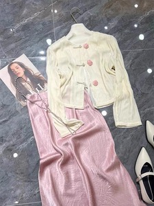 新中式国风米白色丝绒外套粉色醋酸半身裙两件套装女2024春季新款