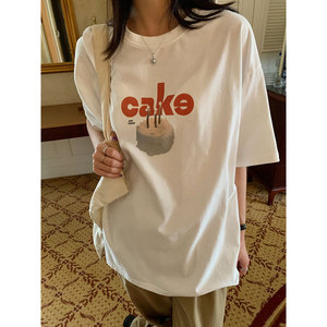三木社蛋糕印花圆领短袖T恤女美式复古宽松大版上衣T2024春夏新品