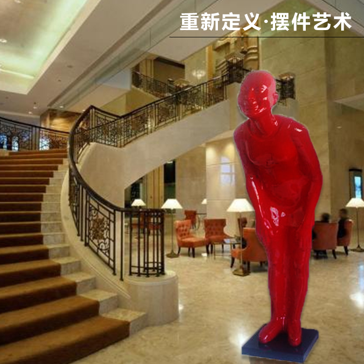 酒店大堂餐饮卖场装饰品弯腰鞠躬笑脸人迎客人玻璃钢迎宾人物雕塑
