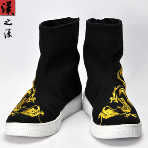中国风秋冬季男靴复古风加绒棉靴保暖中式高帮鞋龙纹刺绣中筒靴子