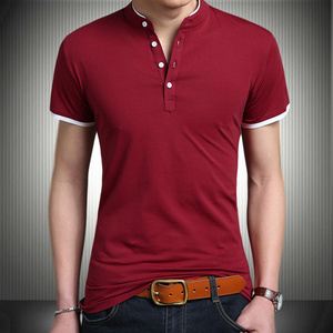 夏装立领短袖T恤男士经典休闲纯色半袖国风红色修身显身材t桖上衣