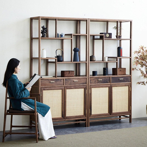 新中式胡桃木博古架实木展示柜现代简约书架多宝阁置物架茶叶架