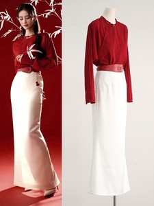 刘诗诗同款新中式国风高级感红色衬衫减龄半身裙时尚套装女