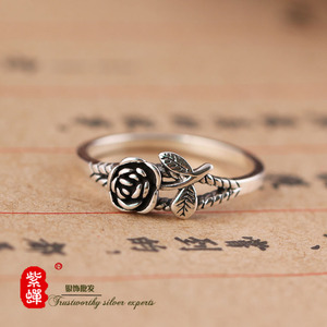 s925纯银戒指食指女复古泰银饰品设计师款玫瑰花简约时尚个性指环