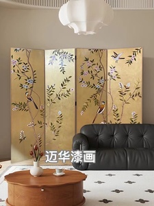 中式手绘漆画金箔花鸟折叠屏风隔断移动家居玄关客厅茶室装饰定制
