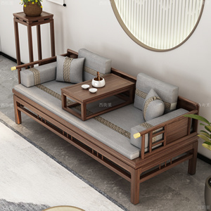 新中式榆木罗汉床小户型塌榻罗汉床椅茶桌椅组合全实木推拉沙发床