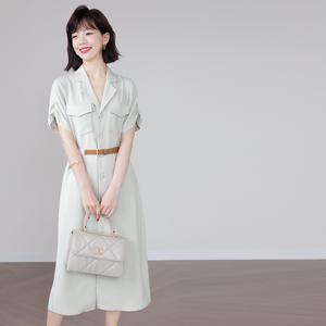 日本女装2024夏季新款西装裙醋酸中长款衬衫式风衣连衣裙女附腰带
