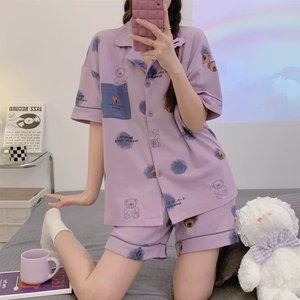 小清新纯棉文艺范少女睡衣女夏季简约短袖裤家居服学生家居服套装