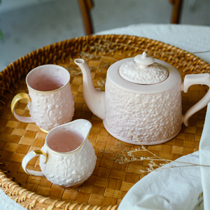 【梦田良品】出口欧式哑光立体浮雕粉色绣球花茶壶马克杯小奶壶