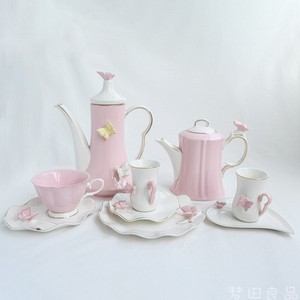 【梦田良品】出口欧式浪漫少女立体粉色蝴蝶描金茶壶咖啡杯碟平盘