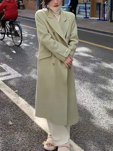 绿色双面羊绒大衣女中长款2023年新款韩国宽松西服款长袖毛呢外套
