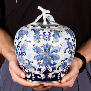 景德镇青花瓷花瓶摆件客厅茶几中式家居装饰品存钱罐博古架苹果罐