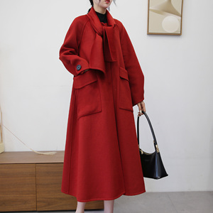 春秋女士中长款双面呢子大衣韩版显瘦大红色羊毛呢外套女羊绒风衣