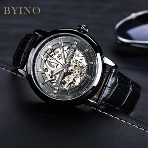 贝伊诺byino纯黑镂空全自动皮带机械表时尚男士网带手表机械表
