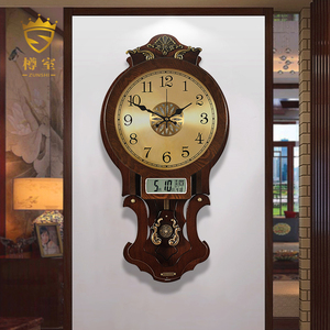 欧式挂钟客厅实木轻奢复古经典万年历静音钟表书房挂墙时钟高端