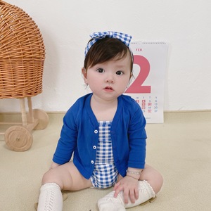 婴儿衣服韩版夏装女宝宝格子吊带包屁哈衣+薄款防晒外套+发带套装