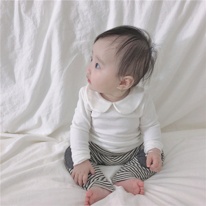 婴儿秋装衣服女新款韩版纯棉百搭上衣宝宝纯色翻领长袖T恤打底衫