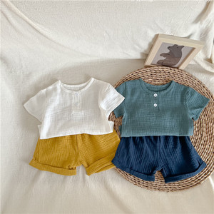 韩国童装夏季薄款男女童棉纱质短袖T恤+短裤休闲2件套装婴儿衣服