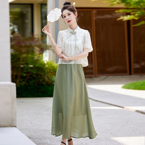 新中式套装夏季复古民国风女装改良旗袍上衣长裙两件套茶服薄荷绿