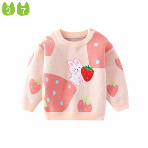 春秋季儿童可爱草莓小兔子套头毛衣女童精梳棉针织提花宝宝毛线衣