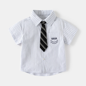 儿童短袖领带衬衫夏季韩版儿童条纹刺绣宽松衬衣男宝宝翻领上衣