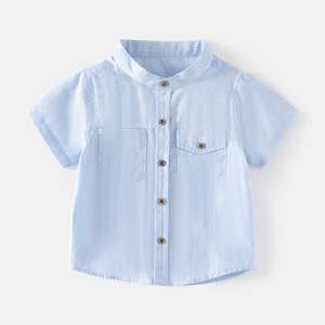 立领排扣柔软棉质中小童衬衫夏季休闲男童短袖衬衣男宝宝口袋上衣
