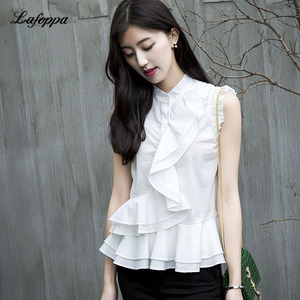 LAFOPPA 夏季无袖衬衫女荷叶领白色上衣修身法式潮流女装白衬衣