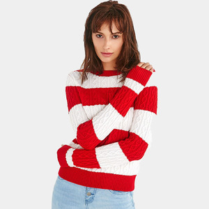 Lafoppa 商场同款毛线圆领套头毛衣女红色条纹长袖冬季通勤针织衫