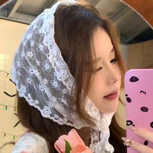 韩女姐姐~法式甜美少女蕾丝重工小雏菊三角巾头巾仙气度假风发带