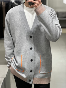 2023年春季Liberclassy韩国代购灰色拼接开衫单排扣宽松花色毛衣
