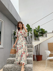 法国代购maje20夏装新款v领裙子短袖收腰显瘦气质短袖雪纺连衣裙