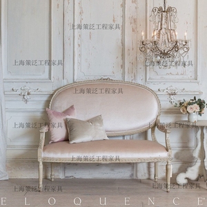法式复古实木粉色丝绒双三人沙发美式乡村公主布艺沙发椅影楼家具