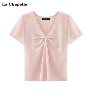 拉夏贝尔粉色冰丝短袖针织衫上衣女士夏季薄款别致修身扭结V领T恤