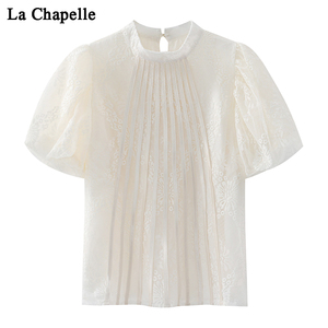 拉夏贝尔法式宫廷风灯笼袖白色衬衫女夏季高级感雪纺小衫蕾丝上衣