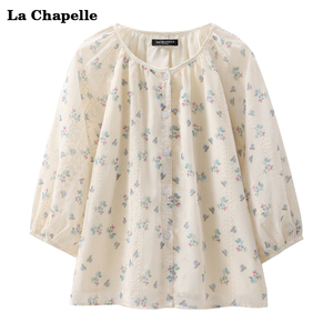 拉夏贝尔法式蓝色碎花雪纺上衣夏季气质甜美衬衫七分袖蕾丝娃娃衫