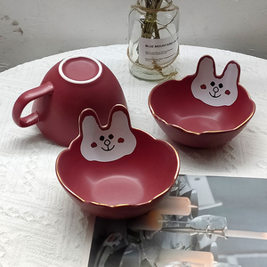可爱小兔子造型碗创意大容量水杯带把子家用汤碗面碗早餐杯卡通碗