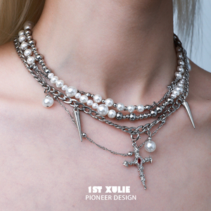 1STXULIE可拆4条十字架珍珠项链原创小众设计多层链条毛衣锁骨链