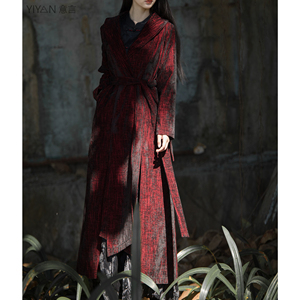 意言原创新中式复古红色风衣外套女装小众秋冬国风开衫中长款大衣