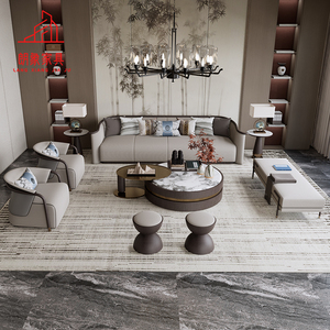 新中式实木沙发组合现代简约客厅真皮大小户型别墅样板房家具定制
